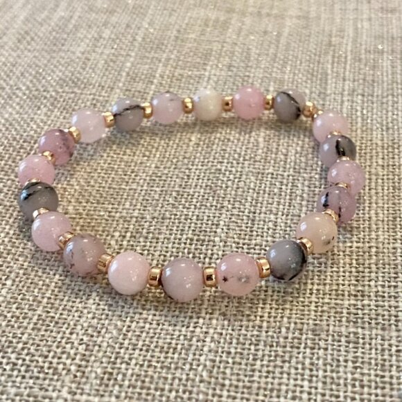 6mm Authentic Cherry Blossom Jasper w/ 3mm Rose Gold Hematite Gemstone Bracelet - Picture 2 of 5